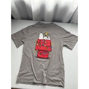Peanuts Snoopy Christmas Lights Graphic T-Shirt Heather Gray Crew Neck Small
